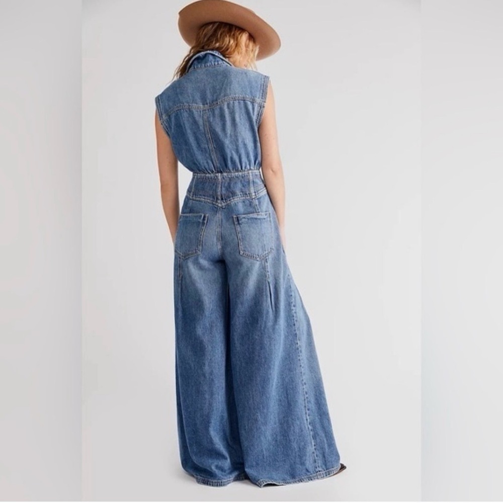 FREE PEOPLE CRVY BADLANDS COVERALL WE THE FREE WIDE LEG DENIM - Picture 2 of 14